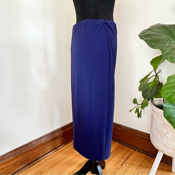 Thyme & Honey Navy Woven Cotton Blend Pencil Midi Skirt Elastic Waist - Picture 3 of 13